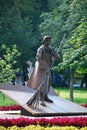 The iron sculpture `The janitor sweeps the yard a broom` in the Aqueduct park on Malakhitovaya Street.