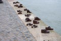 Iron shoes memorial to Jewish people executed WW2 in Budapest Hungary. Shoes on the Danube bank River Royalty Free Stock Photo