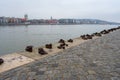 Iron shoes memorial to Jewish people executed WW2 in Budapest Hungary. Shoes on the Danube bank River Royalty Free Stock Photo