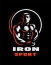 Iron sport. Bodybuilding. Athlete silhouette logo, emblem on a dark background. Vector illustration.