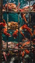 Iron traps cage with Red king crabs in the water, catching crabs from a ship Royalty Free Stock Photo