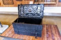 The iron-trimmed medieval chest - exhibit at the museum of the Sforzesco Castle - Castello Sforzesco in Milan, Italy