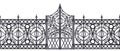 Iron vector gate, wrought metal fence seamless border isolated on white, mansion antique entrance.