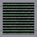 Iron ventilation hatch with green moss background. Venting metal jalousie manhole texture. Metallic detail louvers trapdoor