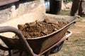 A iron wheel barrow full of earth in outdoor near a building new house. Work, land adjustment, and other works Royalty Free Stock Photo