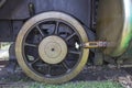 Iron wheels of stream engine locomotive train on railways track Royalty Free Stock Photo