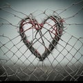 Iron wire heart woven into mesh.