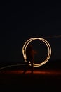 Iron wool circle drawing light fireworks. Burning Steel Wool spinning, Trajectories of burning sparks at night. Movement light eff