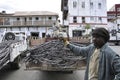 Iron-worker in the harbour of Mombasa are carring piece by piece of the heavy iron down to the ship in Mombasas harbour