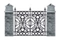 Iron wrought fence vector illustration, old ornate black steel frame, stone brick pillars, isolated on white.