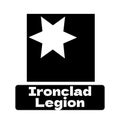 Ironclad legion text in white on black with white star in black square logo on white background Royalty Free Stock Photo