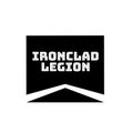 Ironclad legion text in white with chevron logo in black rectangle on white background Royalty Free Stock Photo