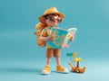 Ironic 3d traveller with a map in the jungle. Strange device is by his side Royalty Free Stock Photo