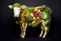 ironic image of a cow made up of vegetables, vegan live, organic food, animal care, black background