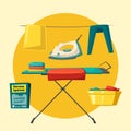 Ironing board, clothes. Cartoon vector illustration. Cleaning theme