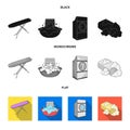 Ironing board and other accessories. Dry cleaning set collection icons in black, flat, monochrome style vector symbol