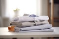 Ironing, laundry, clothes, housekeeping and objects concept - close up of ironed and folded shirts on table Royalty Free Stock Photo