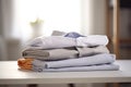 Ironing, laundry, clothes, housekeeping and objects concept - close up of ironed and folded shirts on table Royalty Free Stock Photo