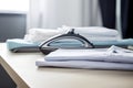 Ironing, laundry, clothes, housekeeping and objects concept - close up of ironed and folded shirts on table Royalty Free Stock Photo