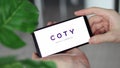 IRPEN, UKRAINE - JANUARY 20 20223, Closeup of smartphone screen Coty logo lettering with in man's hands