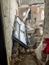 Irpen, Ukraine. May 07. 2022. Destruction from a Russian shell in an apartment building, a broken window and broken