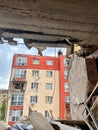 Irpen, Ukraine. May 07. 2022. View of a neighboring house from a ruined apartment through a hole from an explosion