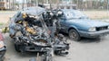 Irpin, a crushed and shelled car, the consequences of the Russian army's invasion of Ukraine. War in Ukraine