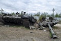 Broken tanks, combat vehicles and other burnt military equipment of the Russian invaders in Irpin,The russian