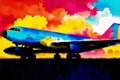irplane on colorful watercolor background. Airplane in the sky.Watercolor paint. Digital art, Generative AI Royalty Free Stock Photo