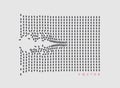 Irregular array or matrix of random ovals. Background breaking down into small fragments