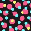 Irregular colorful polka dot painted with rough brush. Bright seamless pattern. Grunge, sketch, watercolor.