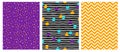 Simple Geometric Vector Patterns with Stripes, Dots, Lines and Chervron on a Violet, Black and Yellow Background. Royalty Free Stock Photo