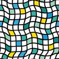 Irregular handdrawn plaids. Vector seamless pattern. Black grid with yellow, blue, green, and lime colored squares. Optical