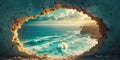 Irregular Hole in Wall Reveals Ocean Seascape. Royalty Free Stock Photo