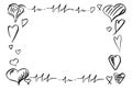 Irregular ink hearts, pulse heartbeat ECG lines outlining rectangular edge. Vector hand drawn illustration. Romantic Royalty Free Stock Photo