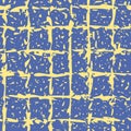 Irregular paint splash terrazzo style yellow grid design. Seamless vector pattern on blue background. Great for Royalty Free Stock Photo