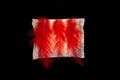 Irregular period concept. Menstrual cycle pad with red feathers on black background. Menorrhagia or heavy menstruation