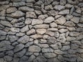 Irregular stone masonry wall background. Old limestone rocks of different size and shapes stacked carefully. Detailed texture of