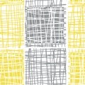 Irregular vector gauze weave effect striped seamless pattern background. Backdrop of alternating yellow grey woven