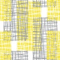 Irregular vector gauze weave effect strips seamless pattern background. Backdrop of yellow grey coarsely woven vertical