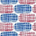 Irregular weave effect vector rectangles seamless pattern background. White backdrop with alternating rows of blue red