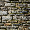 Irregularly shaped, stacked stone wall featuring gray, beige, and dark stone bricks. Royalty Free Stock Photo