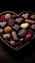 Irresistible chocolate love, Tasty candies nestled in a heart-shaped box on black