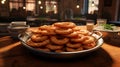 Irresistible Delight: A Pile of Golden-Brown Onion Rings with a Savory Twist - AI Generative Royalty Free Stock Photo