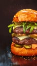 Irresistible homemade burger displayed beautifully against dark backdrop banner Royalty Free Stock Photo
