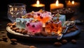 Irresistible sweet treat featuring nuts and pistachios beautifully arranged on a wooden board with flickering candles, ramadan and