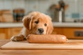 Irresistibly Cute Canine: Golden Retriever\'s Sausage Quest.