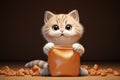 Irresistibly cute 3D cat on pet food bag, vibrant cartoon Royalty Free Stock Photo