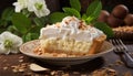 Irresistibly delectable coconut cream pie showcased on a charming rustic wooden background