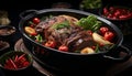 Irresistibly delicious roast goose sizzling in a pan, a delectable and flavorful dish to indulge in